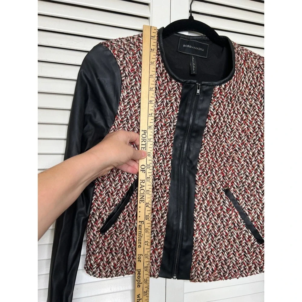 BCBG MAX AZRIA Tweed Jacket Faux Leather Sleeves Womens XS Red Black Zip